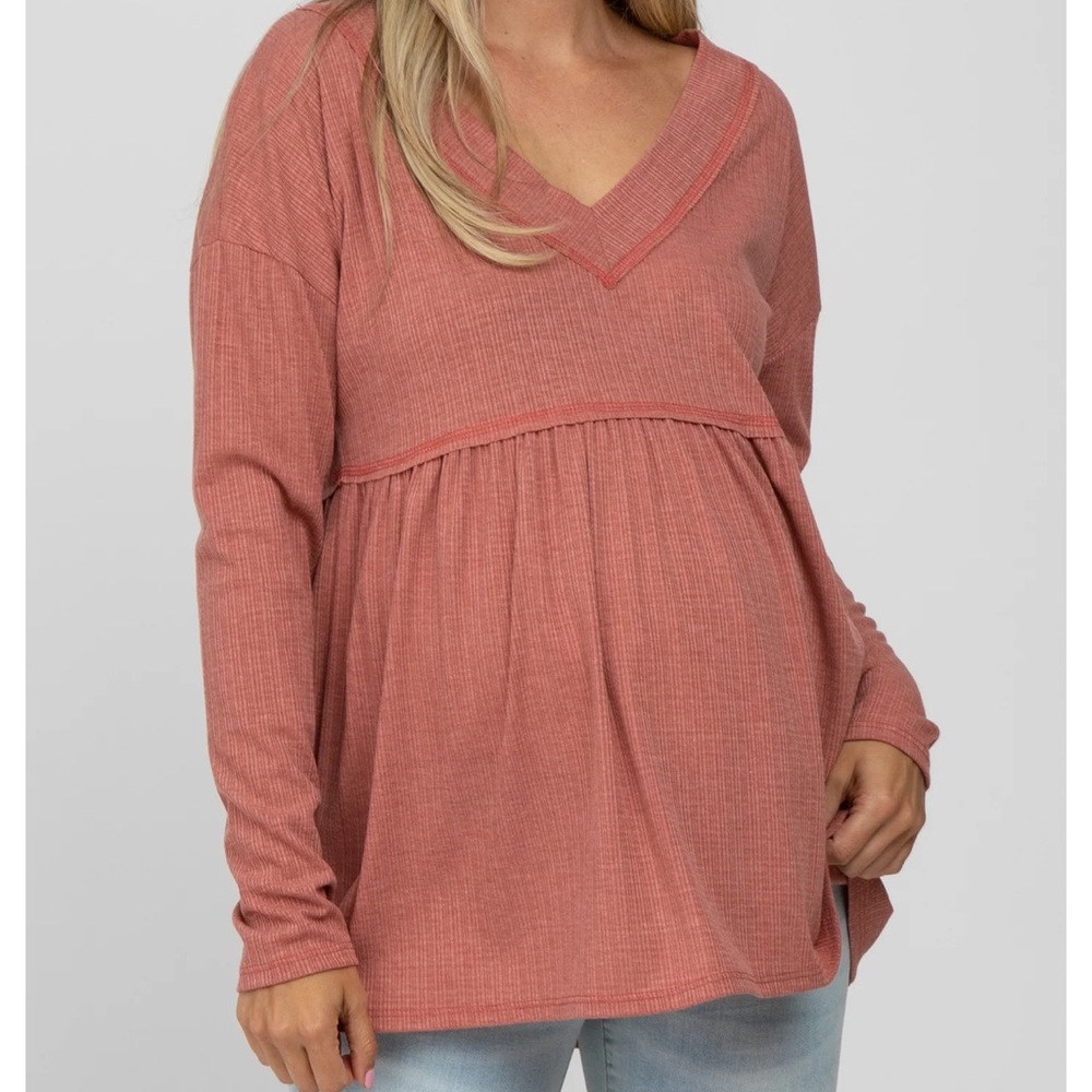 Rust Ribbed Long Sleeve Maternity Babydoll Top -Small